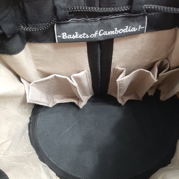 Basket of Cambodia Drawstring Woven Straw Black & Tan Tote Bag - Picture 9 of 10